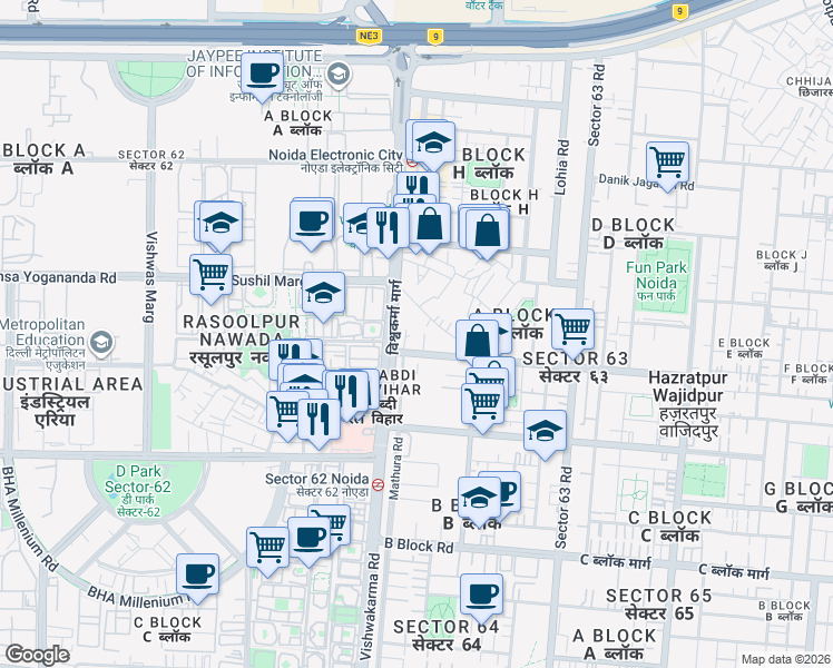 map of restaurants, bars, coffee shops, grocery stores, and more near  in Noida