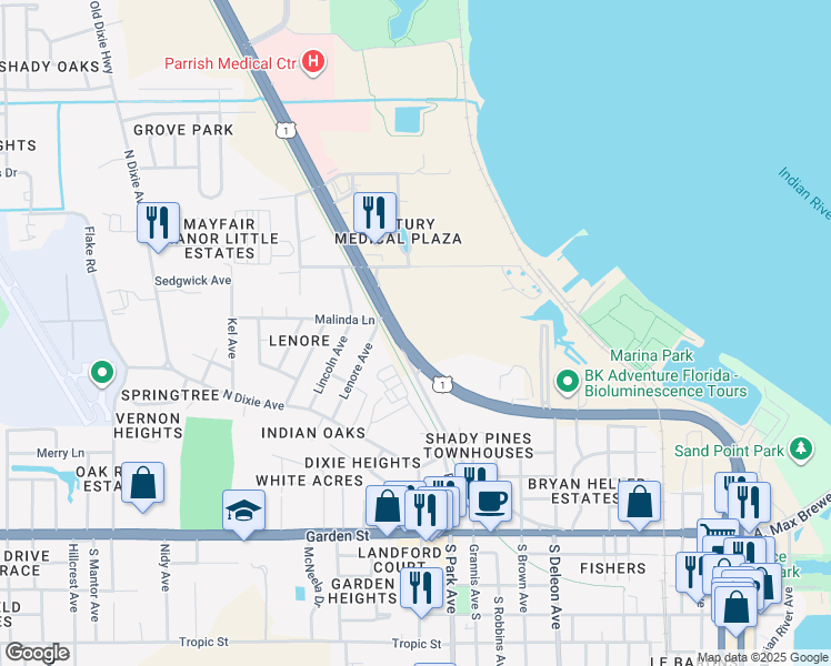 map of restaurants, bars, coffee shops, grocery stores, and more near 561 North Washington Avenue in Titusville