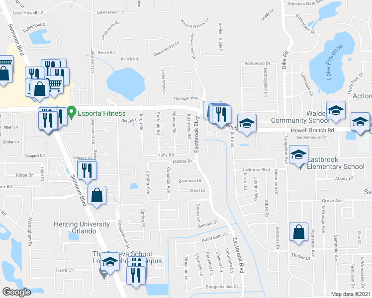 map of restaurants, bars, coffee shops, grocery stores, and more near 2413 Eastbrook Boulevard in Winter Park