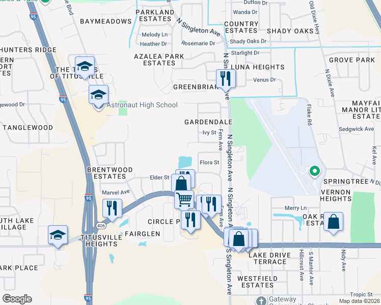 map of restaurants, bars, coffee shops, grocery stores, and more near 544 Gardenia Circle in Titusville