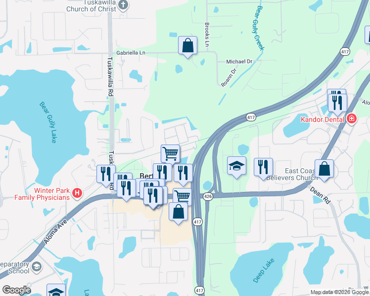 map of restaurants, bars, coffee shops, grocery stores, and more near 5108 Cypress Branch Point in Oviedo
