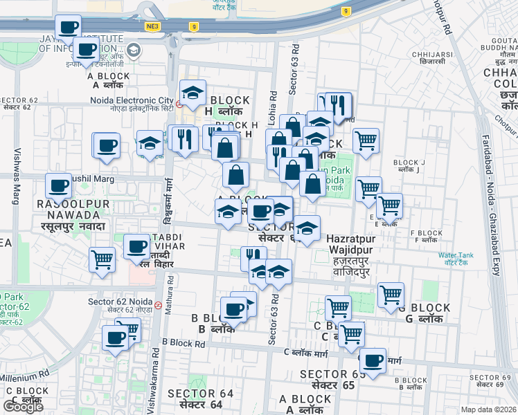 map of restaurants, bars, coffee shops, grocery stores, and more near D-49 Lohia Road in New Okhla Industrial Development Area