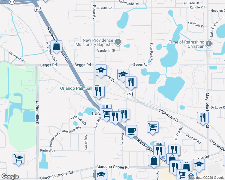 map of restaurants, bars, coffee shops, grocery stores, and more near 7120 Bledsoe Avenue in Orlando