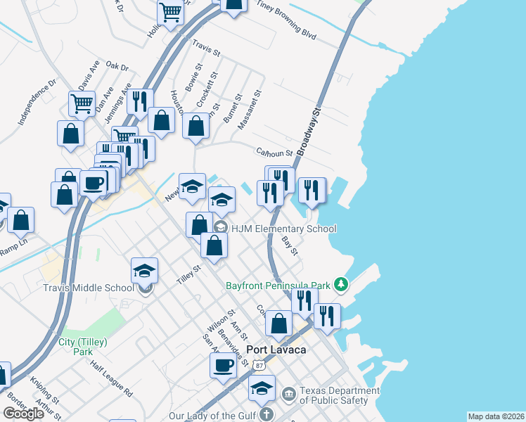 map of restaurants, bars, coffee shops, grocery stores, and more near 522 Ethel Street in Port Lavaca