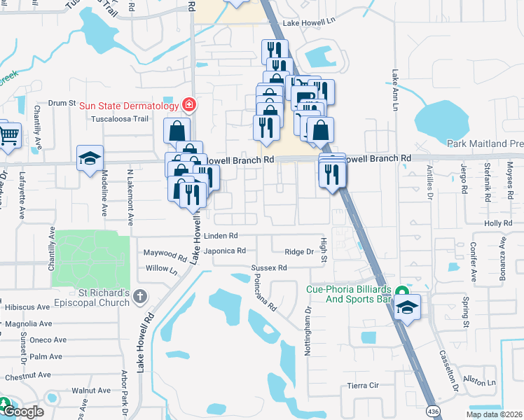 map of restaurants, bars, coffee shops, grocery stores, and more near 2291 Sorrento Circle in Winter Park