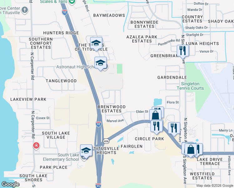 map of restaurants, bars, coffee shops, grocery stores, and more near 616 Clarewood Boulevard in Titusville