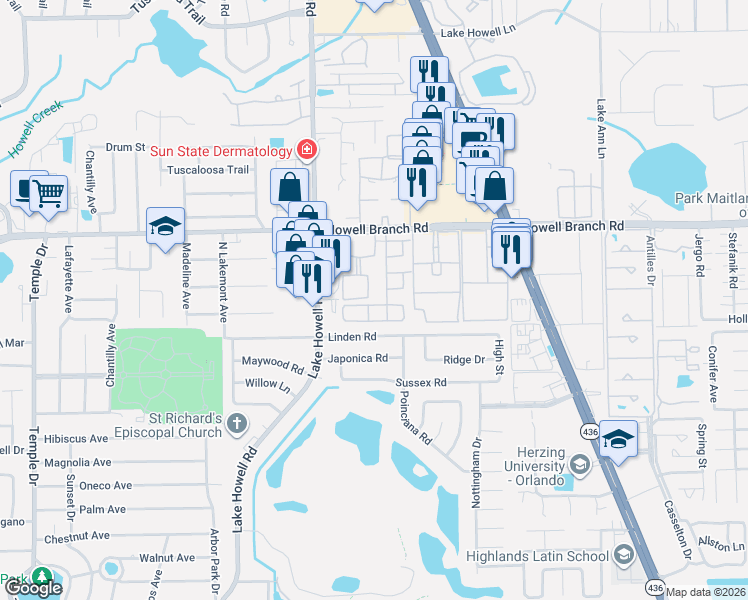 map of restaurants, bars, coffee shops, grocery stores, and more near 2420 Grand Teton Circle in Winter Park