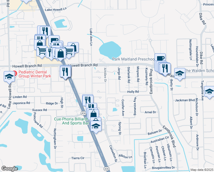 map of restaurants, bars, coffee shops, grocery stores, and more near 2543 Leeward Way in Winter Park