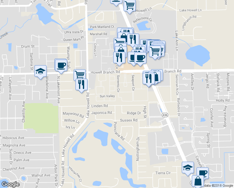 map of restaurants, bars, coffee shops, grocery stores, and more near 2291 Sorrento Circle in Winter Park