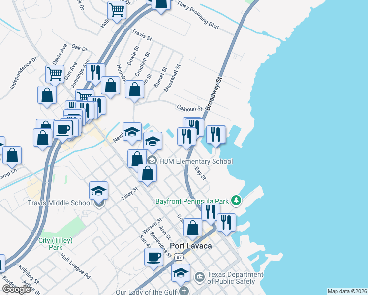 map of restaurants, bars, coffee shops, grocery stores, and more near 522 Ethel Street in Port Lavaca