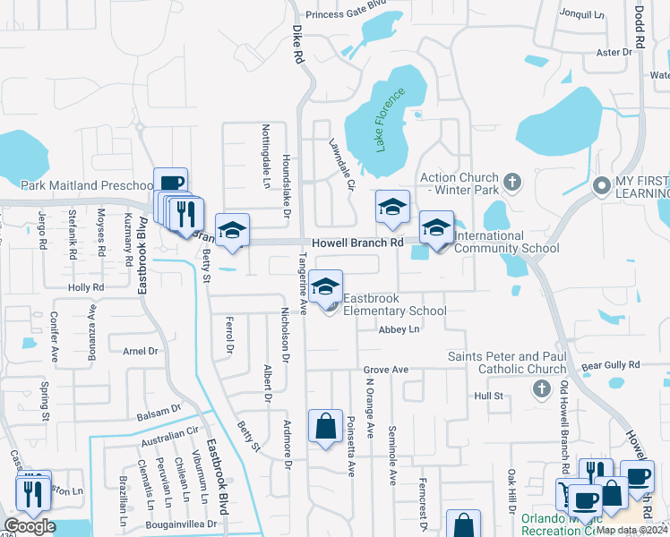 map of restaurants, bars, coffee shops, grocery stores, and more near 5639 Garden Grove Circle in Winter Park