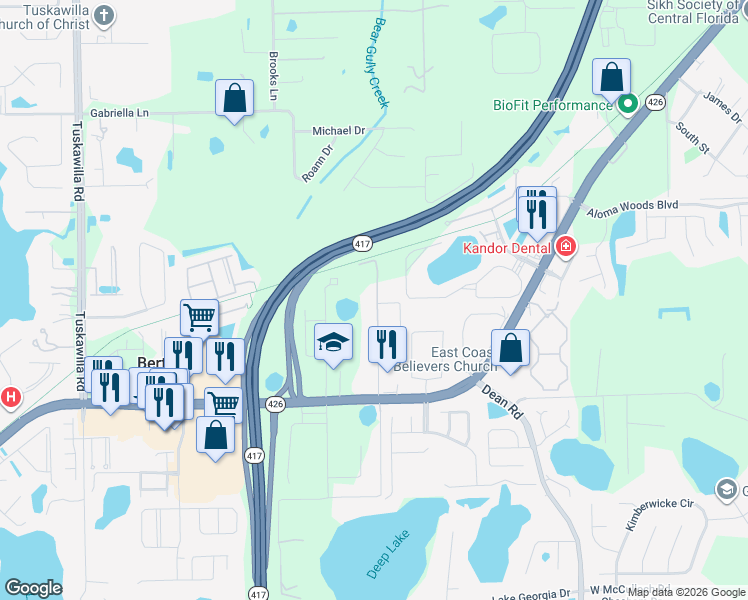 map of restaurants, bars, coffee shops, grocery stores, and more near 2625 Wrights Road in Oviedo