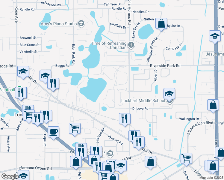 map of restaurants, bars, coffee shops, grocery stores, and more near 6750 Woodlake Drive in Orlando