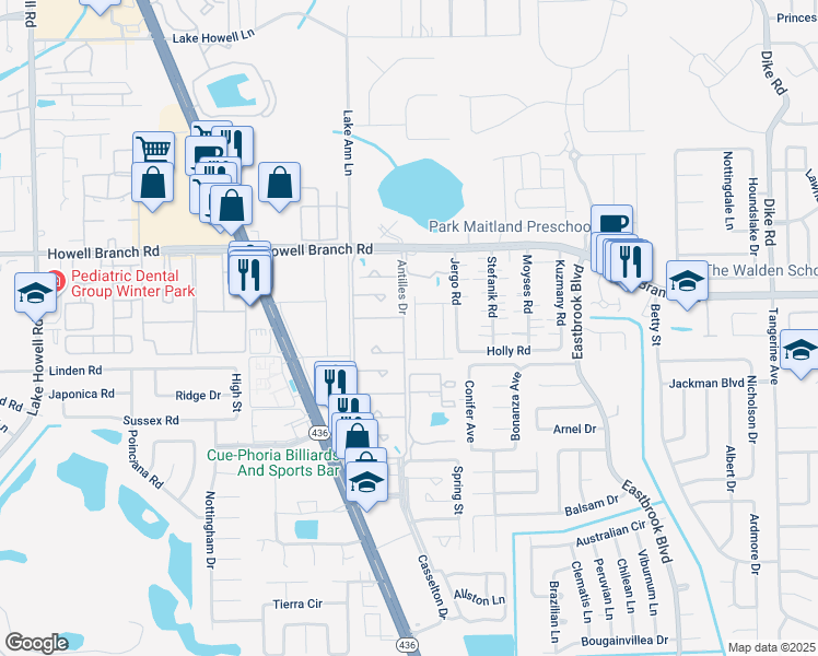 map of restaurants, bars, coffee shops, grocery stores, and more near 2543 Leeward Way in Winter Park