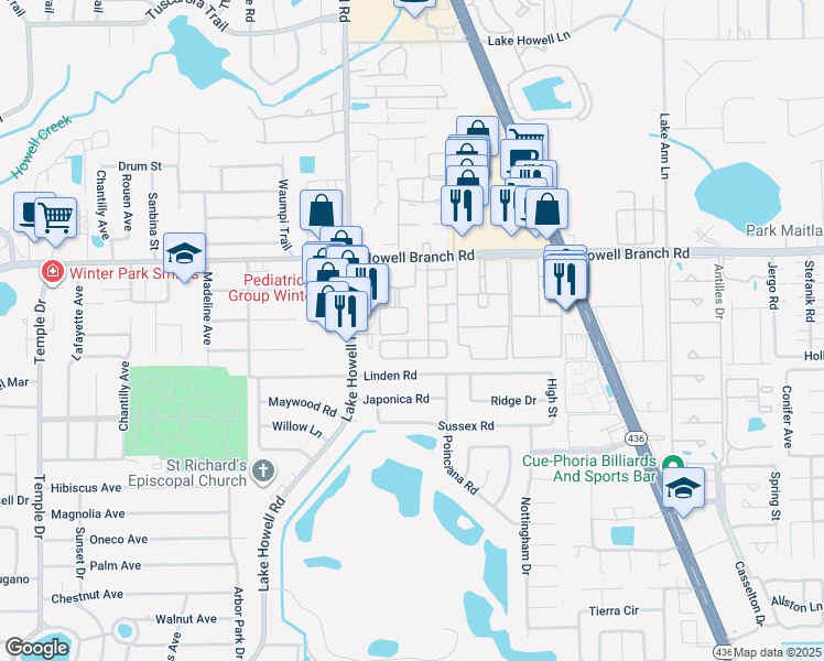 map of restaurants, bars, coffee shops, grocery stores, and more near 2420 Grand Teton Circle in Winter Park