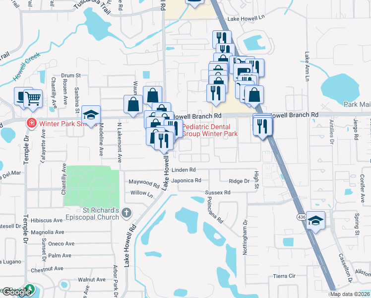 map of restaurants, bars, coffee shops, grocery stores, and more near 198 Lewfield Circle in Winter Park