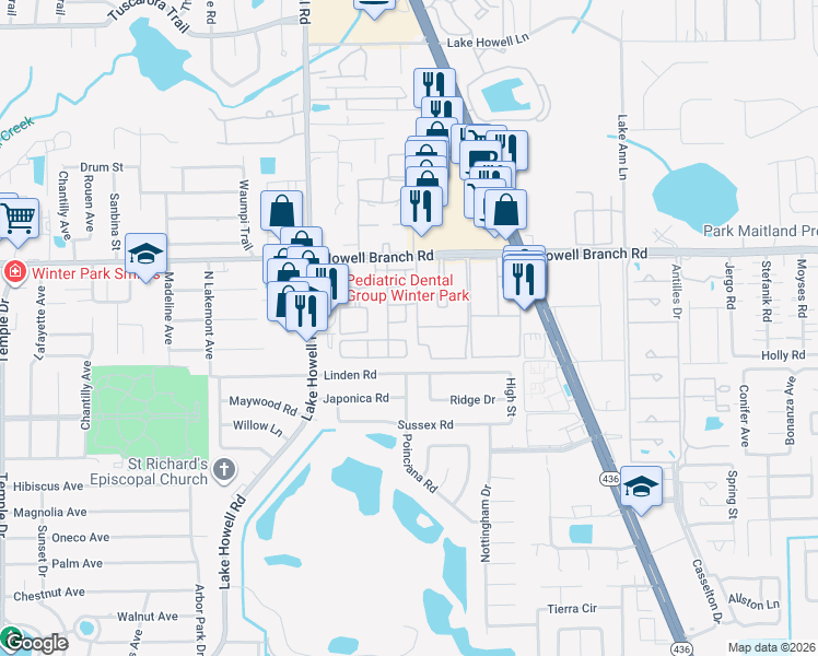 map of restaurants, bars, coffee shops, grocery stores, and more near 2433 Grand Teton Circle in Winter Park