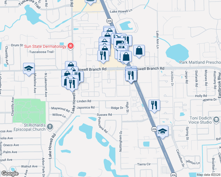 map of restaurants, bars, coffee shops, grocery stores, and more near 2400 Howell Branch Road in Winter Park