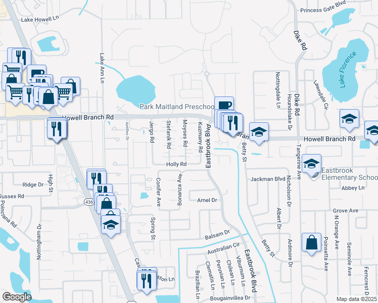 map of restaurants, bars, coffee shops, grocery stores, and more near 181 Moyses Road in Winter Park