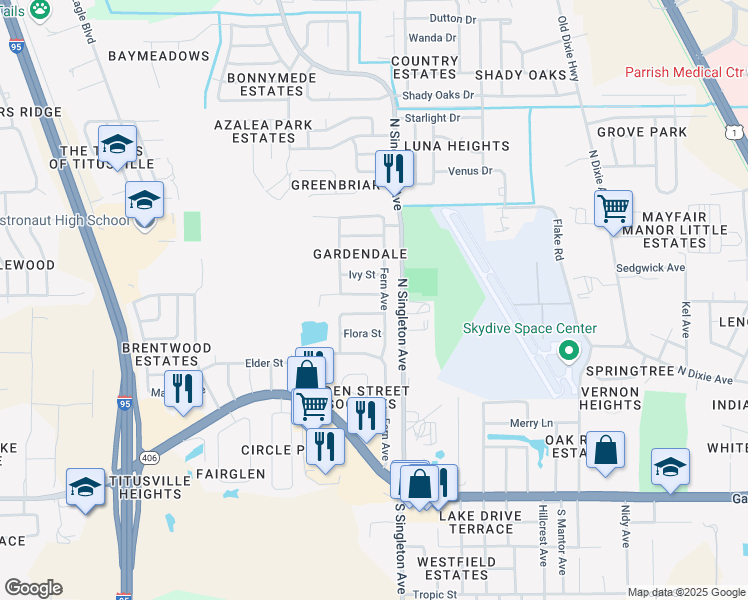 map of restaurants, bars, coffee shops, grocery stores, and more near 2905 Holly Street in Titusville
