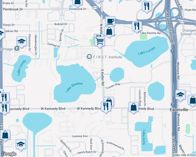 map of restaurants, bars, coffee shops, grocery stores, and more near 545 South Keller Road in Orlando
