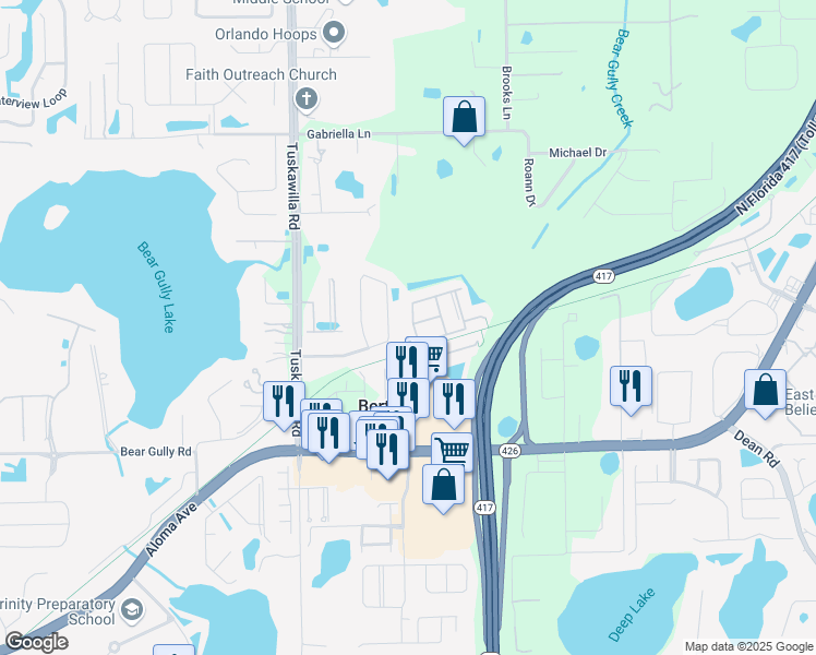 map of restaurants, bars, coffee shops, grocery stores, and more near 2634 Creekview Circle in Oviedo