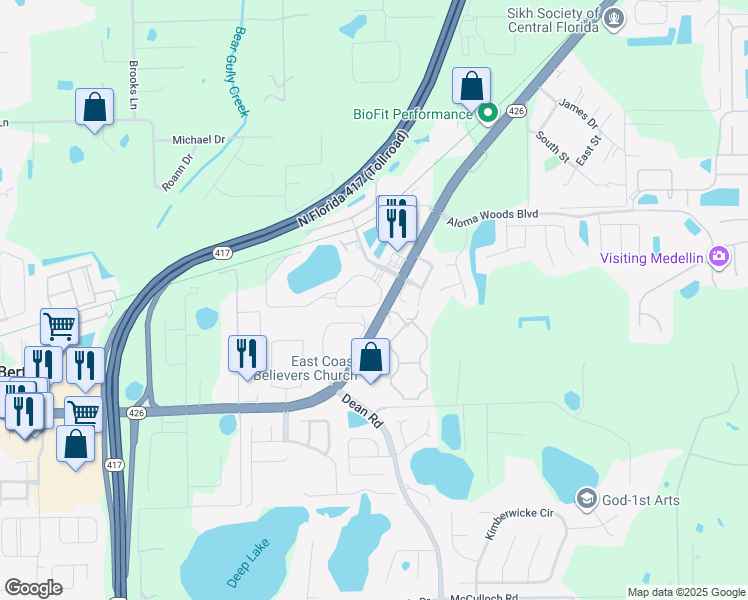 map of restaurants, bars, coffee shops, grocery stores, and more near 5193 Loma Vista Circle in Oviedo