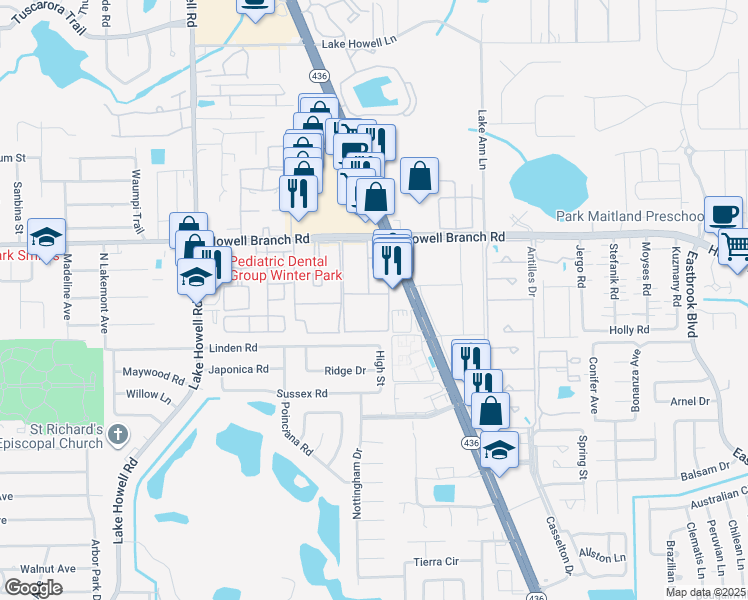 map of restaurants, bars, coffee shops, grocery stores, and more near 2359 Nautical Way in Winter Park