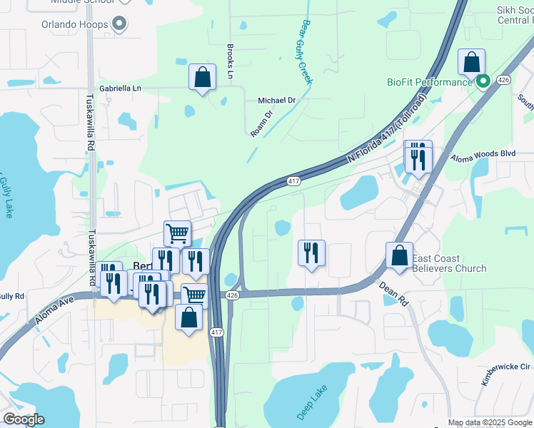 map of restaurants, bars, coffee shops, grocery stores, and more near 2738 Mystic Lake Drive in Oviedo