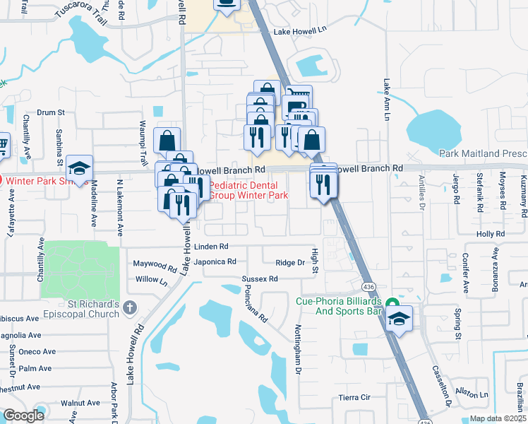 map of restaurants, bars, coffee shops, grocery stores, and more near 2291 Sorrento Circle in Winter Park