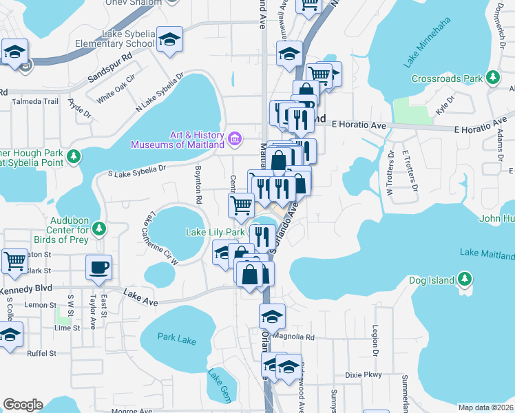 map of restaurants, bars, coffee shops, grocery stores, and more near 641 Maitland Avenue South in Maitland