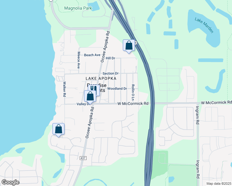 map of restaurants, bars, coffee shops, grocery stores, and more near 3717 Summer Haven Lane in Apopka