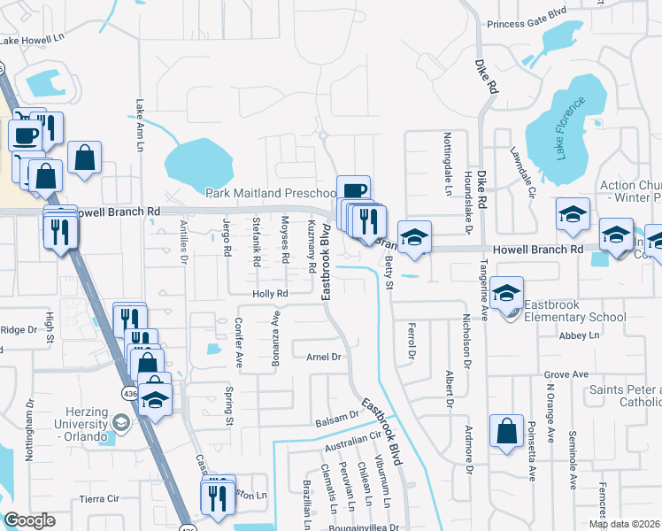 map of restaurants, bars, coffee shops, grocery stores, and more near 2519 Eastbrook Boulevard in Winter Park