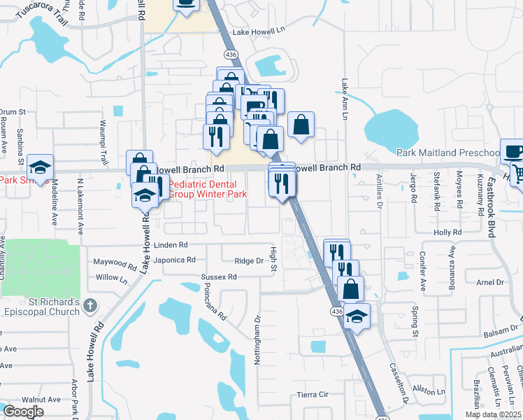map of restaurants, bars, coffee shops, grocery stores, and more near 2359 Nautical Way in Winter Park