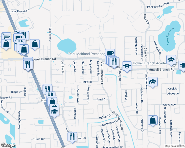map of restaurants, bars, coffee shops, grocery stores, and more near 181 Moyses Road in Winter Park