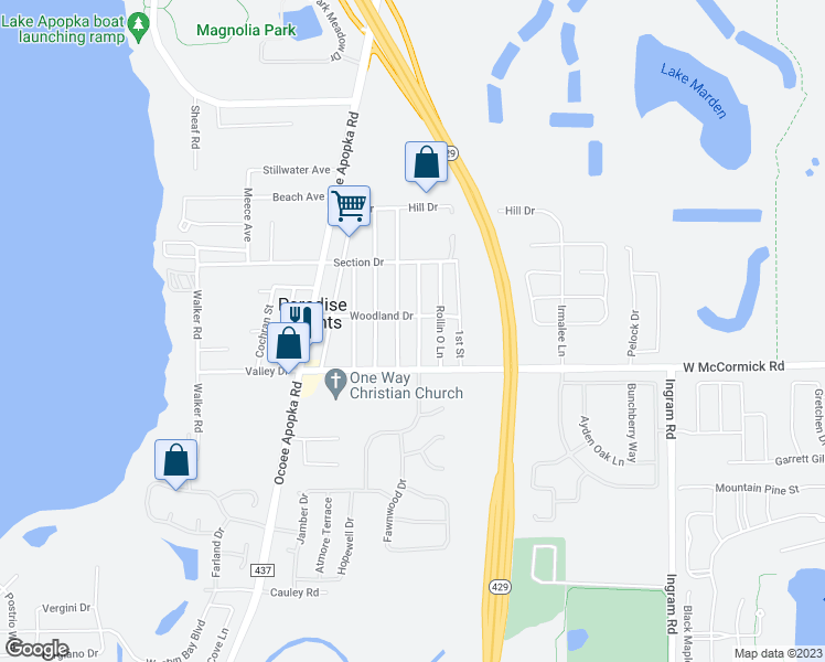 map of restaurants, bars, coffee shops, grocery stores, and more near 3726 Glover Lane in Apopka