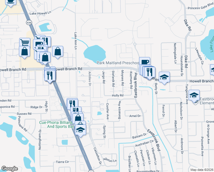 map of restaurants, bars, coffee shops, grocery stores, and more near 181 Jergo Road in Winter Park