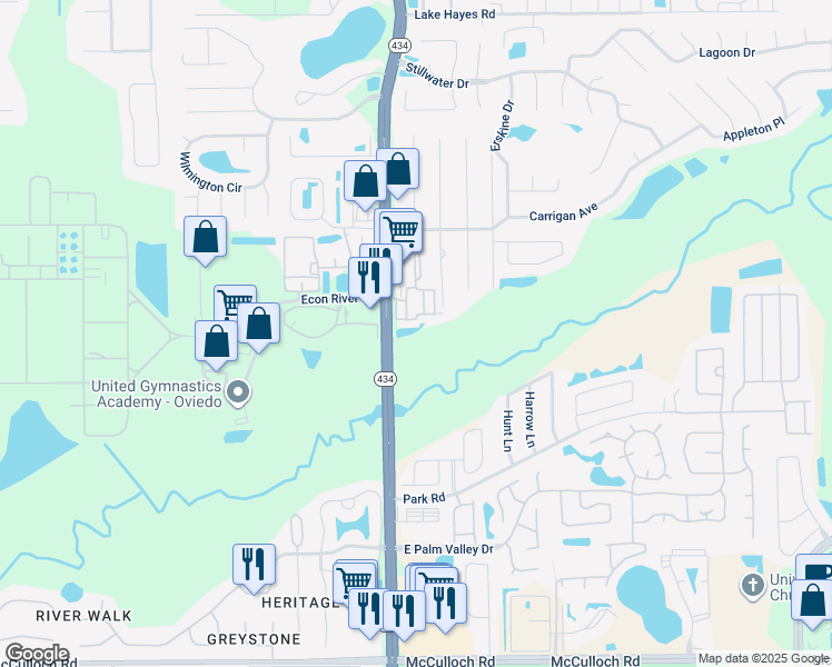 map of restaurants, bars, coffee shops, grocery stores, and more near 165 River Bridge Circle in Oviedo