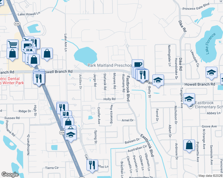 map of restaurants, bars, coffee shops, grocery stores, and more near 181 Moyses Road in Winter Park