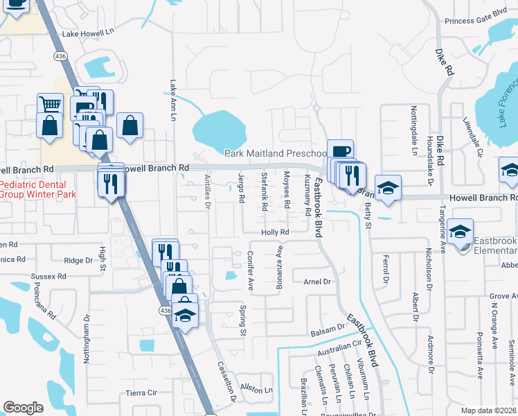 map of restaurants, bars, coffee shops, grocery stores, and more near 189 Stefanik Road in Winter Park