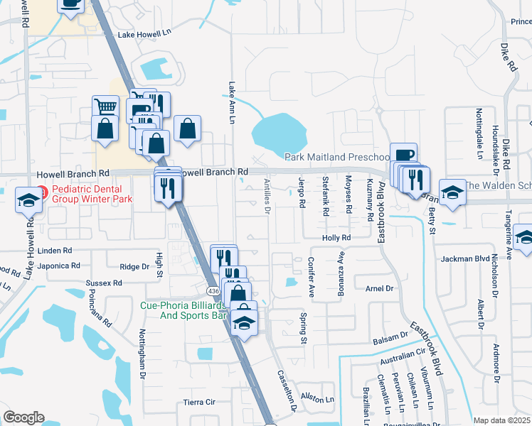 map of restaurants, bars, coffee shops, grocery stores, and more near 2543 Leeward Way in Winter Park