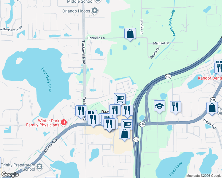 map of restaurants, bars, coffee shops, grocery stores, and more near 2634 Creekview Circle in Oviedo