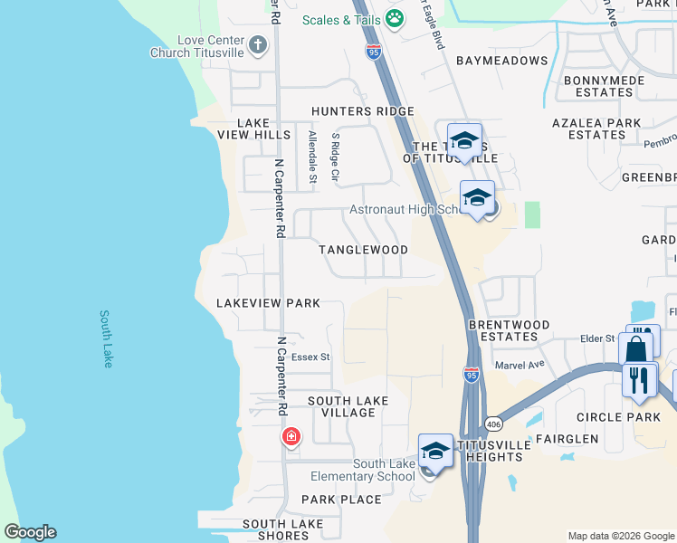 map of restaurants, bars, coffee shops, grocery stores, and more near 3974 Tangle Drive in Titusville