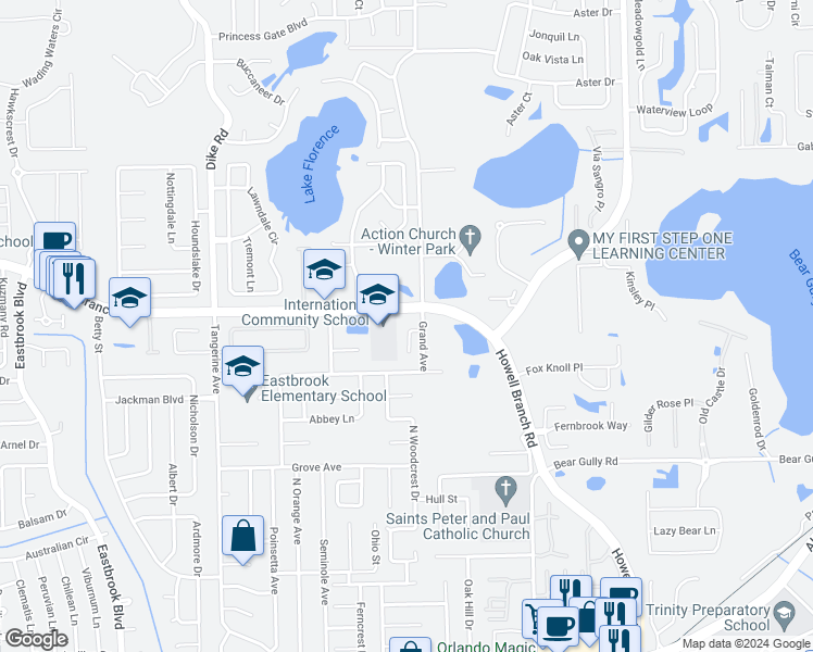 map of restaurants, bars, coffee shops, grocery stores, and more near 5468 Peaco Place in Winter Park