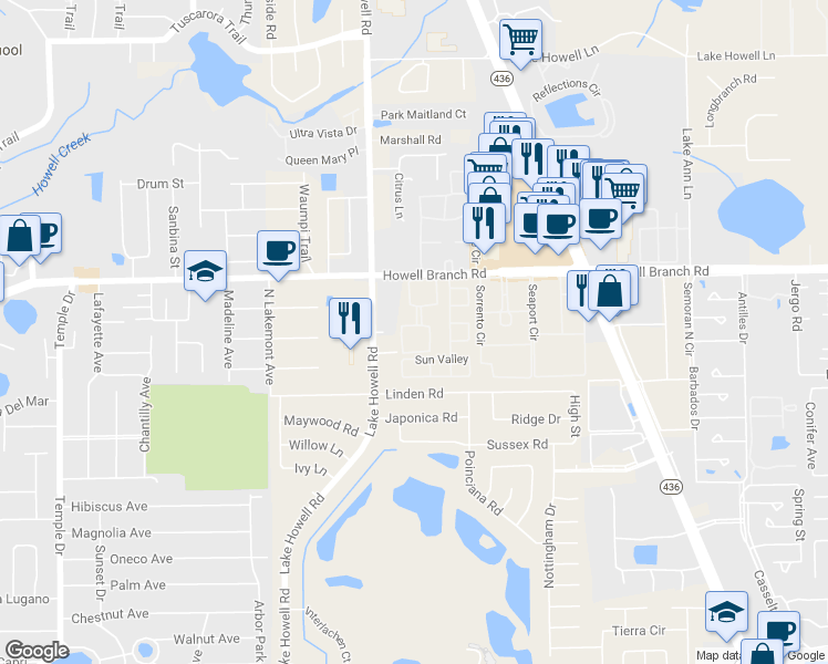 map of restaurants, bars, coffee shops, grocery stores, and more near 256 Lewfield Circle in Winter Park