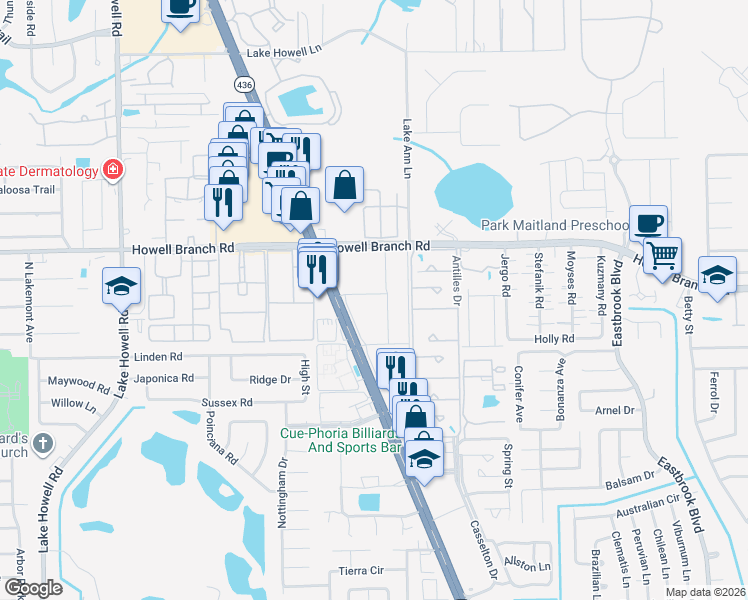 map of restaurants, bars, coffee shops, grocery stores, and more near 1743 Semoran North Circle in Winter Park