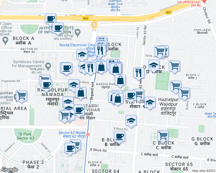 map of restaurants, bars, coffee shops, grocery stores, and more near in Noida