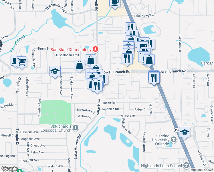 map of restaurants, bars, coffee shops, grocery stores, and more near 198 Lewfield Circle in Winter Park