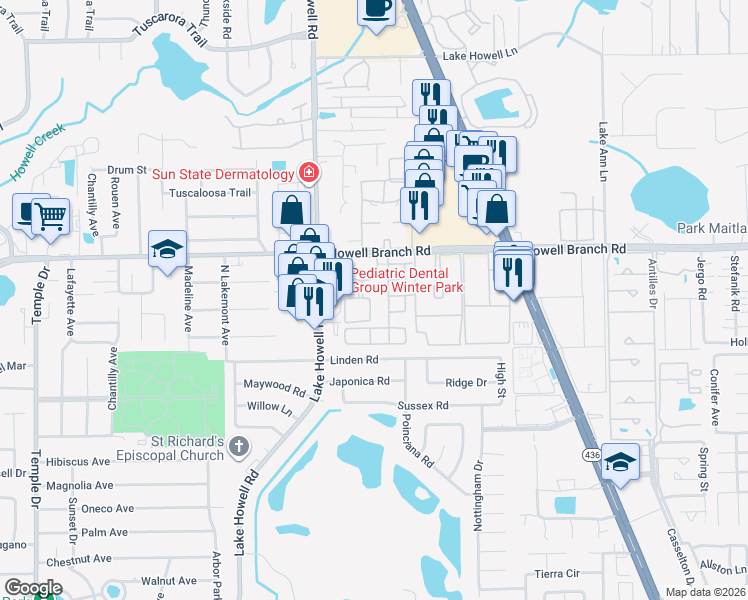 map of restaurants, bars, coffee shops, grocery stores, and more near 2420 Grand Teton Circle in Winter Park