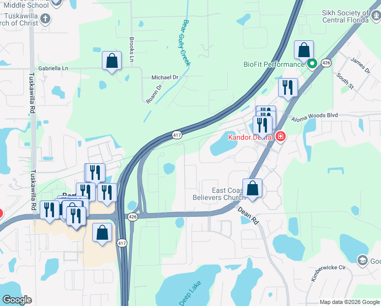 map of restaurants, bars, coffee shops, grocery stores, and more near 2625 Wrights Road in Oviedo
